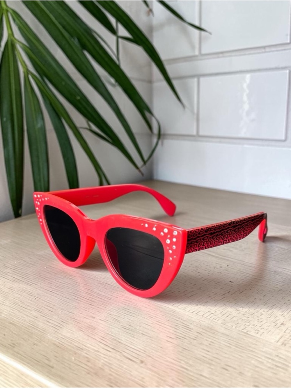 Women's Red Cat-Eye Sunglasses with Crystal Accents